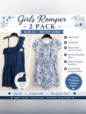 Girls One-Shoulder Knit Romper in Navy & Floral romper (2 pack)